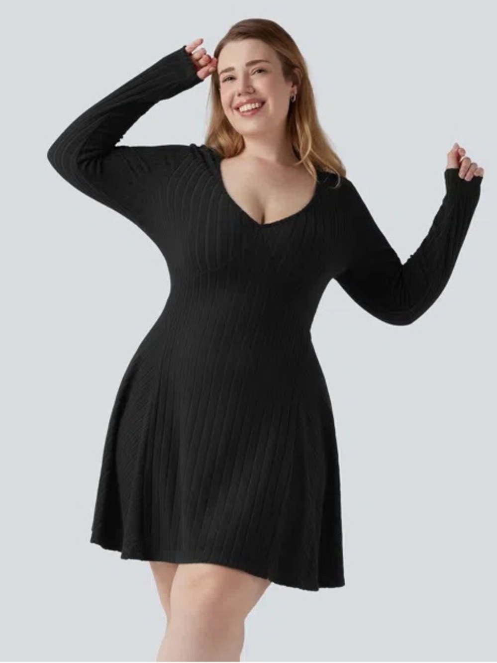 HALARA Black Rib-Knit Long Sleeve A-Line Dress
